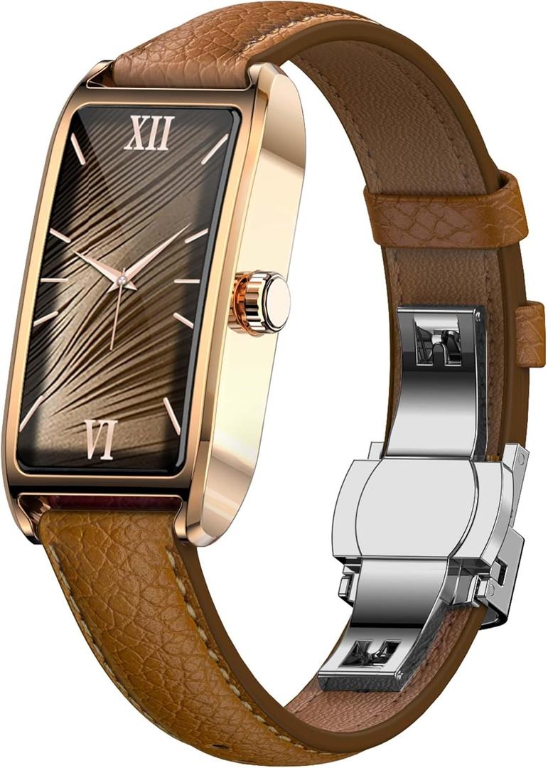 Amoled Laies Smart Watch for Women Smartwatch with Leather Strap Heart Rate Stress Sleep Monitor 12 Sports Modes Fitness Tracker Watch Notifications Music & Camera Control Waterproof iOS Android (Peach Brown & Gold)