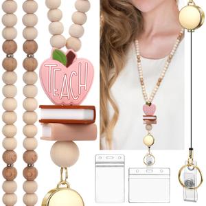 Teacher Lanyard with Id Holder, Retractable Lanyards for Id Badges Keys, Cute Natural Wooden Beaded Lanyard for Women