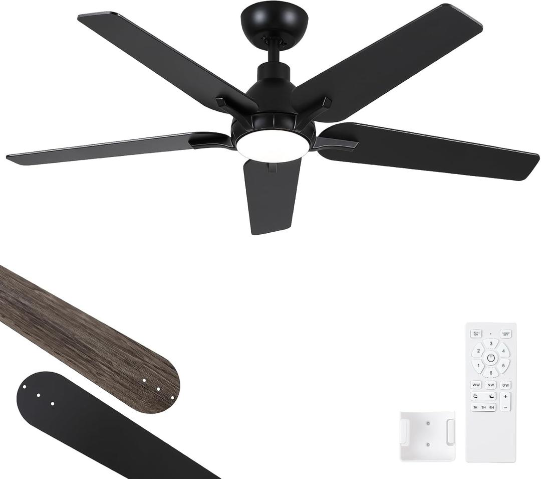 52 Inch Ceiling Fans with Lights and Remote, Black Modern Ceiling Fan for Bedroom, Living Room, Dining Room, Patio, LED Dimmable 6 Speeds DC Quiet