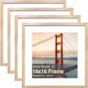 KINLINK 16x16 In Picture Frame, Natural Square Solid Wood Frames for Pictures 12x12 with Mat or 16x16 without Mat, Wall Display Photo Frames Natural Wood 4 Pack