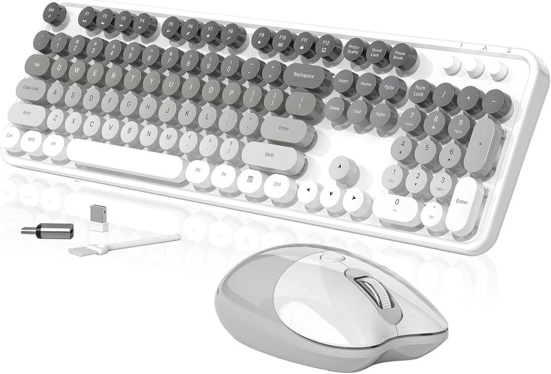 Creamy Wireless Keyboard and Mouse, MOFII 104 Round Keycaps Retro Typewriter with OTG & Brush, Full-Size Ergonomic, Ideal for Windows PC, Home, Office and College Gray White