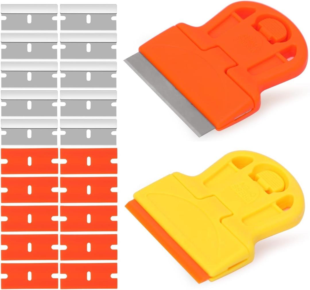7 x 2 Pack Razor Blade Scraper Plastic Razor Blade Scraper Scraper Tool with Extra 10 Plastic Razor Blades and 10 Metal Blades for Adhesive Remover Removing Labels Stickers Taping on Glass Windows