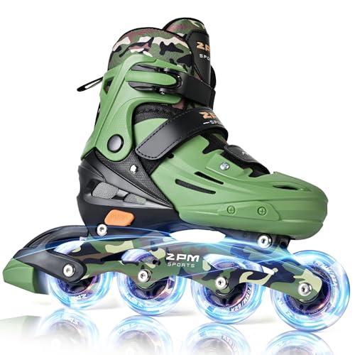 2PM SPORTS Kids Inline Skates Boys Ages 4-8 8-12 4-7 7-12 10-12 with Light Up Wheels, Adjustable Blades Roller Skates for Boys Beginner Youth Indoor Outdoor Size 11C 1 2 3 4 5 6 7 Camouflage Green, S