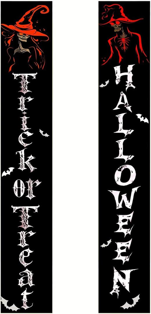 Halloween Door Banners 2pcs Trick or Treat and Halloween Sign 12x71 Inch Skeleton Witch Porch Banner Hallo ween Decorations Outdoor Front Door Entryway Hanging Gothic Decor