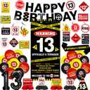 13th Birthday Decorations for Boys, Caution Happy 13th Birthday Party Supplies Decor with Backdrop, Banner, Balloons, Centerpieces, Hanging Swirls, Wall Signs, Sash, Hat