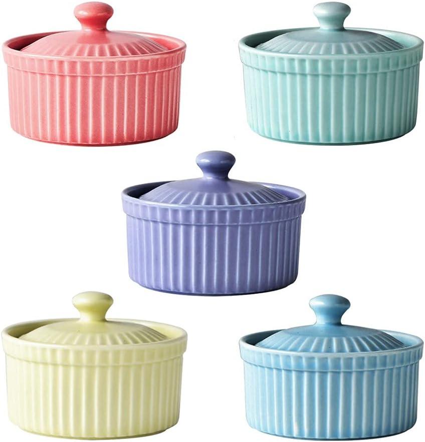 Meltset 5.5 Oz Ramekins with Lids Oven Safe Ceramics Ramekin Bowls for Baking, Porcelain Bake Dishes for Souffle, Creme Brulee, Lava Cake, Ice Cream Desserts, Snacks (Set of 5 (All Color)
