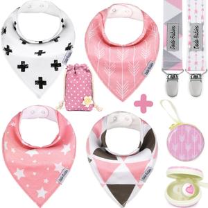 Dodo Babies Baby Bandana Drool Bibs For Girls + 2 Pacifier Clips + Pacifier Case in a Gift Bag, Pack of 4 Premium Quality, Excellent Baby Shower/Registry Gift (Pink/White/Black)