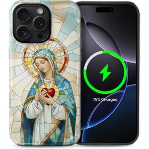 Case for iPhone 16 Pro Max [Compatible with MagSafe], Glossy Soft Silicone + Hard PC Anti-Scratch Shockproof Protective 2-in-1 Case for Women - Stained Glass Heart of Mary