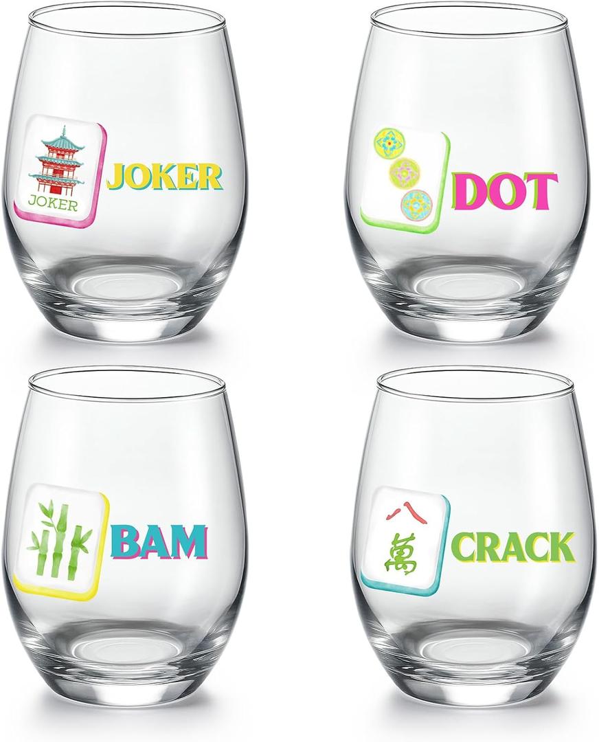 Qinyoung 4 Pcs 15 oz Mahjong Cups Wine Glass Mahjong Accessories and Gifts for Women Classic Stemless Wine Glass Cup for Cocktails Water Juice Drinking