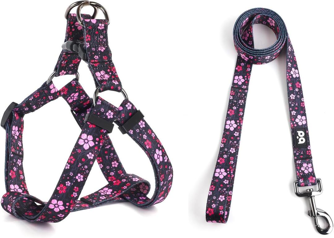 QQPETS Dog Harness Leash Set Adjustable Heavy Duty No Pull Halter Harnesses for Small Medium Large Breed Dogs Back Clip Anti-Twist Perfect for Walking (XS(12"-18" Chest Girth), Pink Flowers)