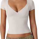 Women Sweetheart Neckline Short Sleeve Crop T Shirts Top Double Lined Tight Tee Shirts Going Out Tops Workout Outfit (A White, L), Large