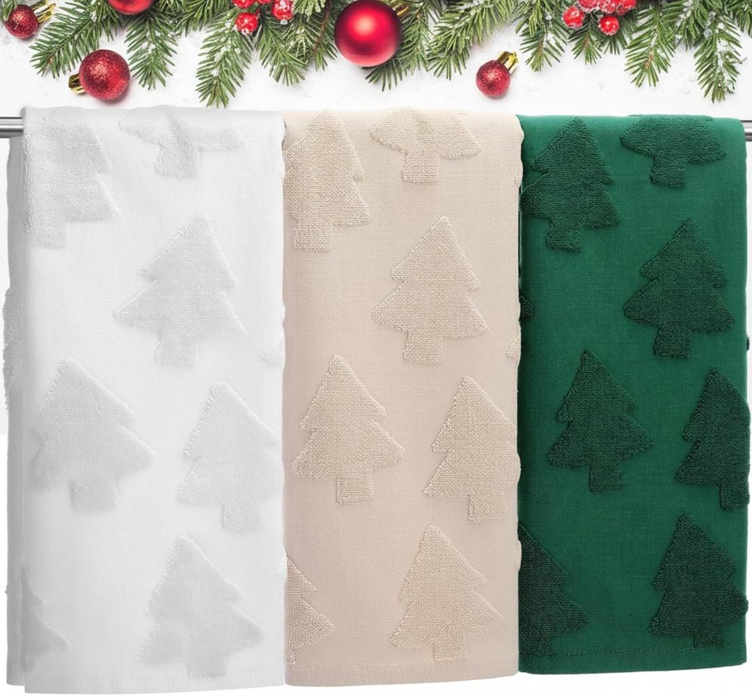 Oudain 3 Pcs 3D Jacquard Christmas Hand Towels for Bathroom 100% Cotton Christmas Tree Bath Towels and Soft Absorbent Bathroom Decor for Xmas Holiday Cooking Cleaning Drying Gift, 29.5 x 13.7 Inch (Green)