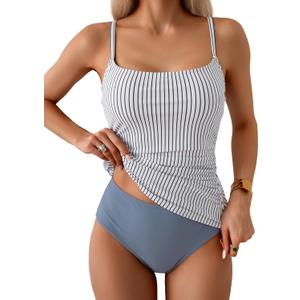 Eomenie Women's Swimsuit Tankini Tummy Control Bathing Suits Two Piece Full Coverage Slim Swim Suits with High Waisted Bottom (Blue and Stripe), Small