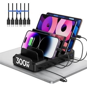 300W Charging Station for Multiple Devices, 8 Port Multi USB C Fast Charger Station Dock for MacBook iPhone 16/15/14/13/12 Samsung Pixel Series iPad, Black (6 Mixed Short Cables Included)