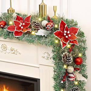 Christmas Garland with Lights, 6 FT Christmas Garland for Mantle, Realistic Flocked Garland with Poinsettia Flowers Balls Pinecones Berries for Mantle Table Door Stairs Railing Christmas Decor (1 Pack)