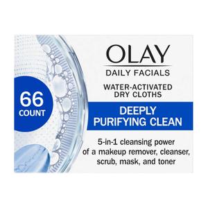 Olay Cleansing Wipes, Daily Facials, Power of a Makeup Remover, Scrub, Toner, Mask and Cleanser - Fragrance-Free, Textured No-Soap Cloth, Gentle Skin Care, Vitamin Complex-Infused Formula, 66 ct (Blue)