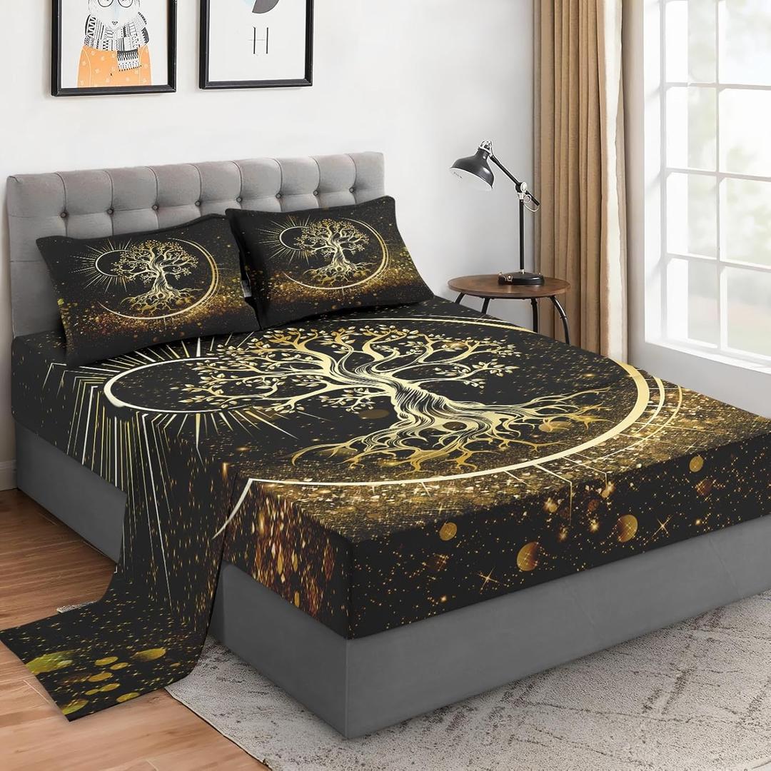 4 Pieces Queen Size Bed Sheet Sets with Pillowcases, Black Sun and Moon Soft Microfiber Bedding for Kids and Adults, Flat, Fitted Sheet for Bedroom Bed Decor