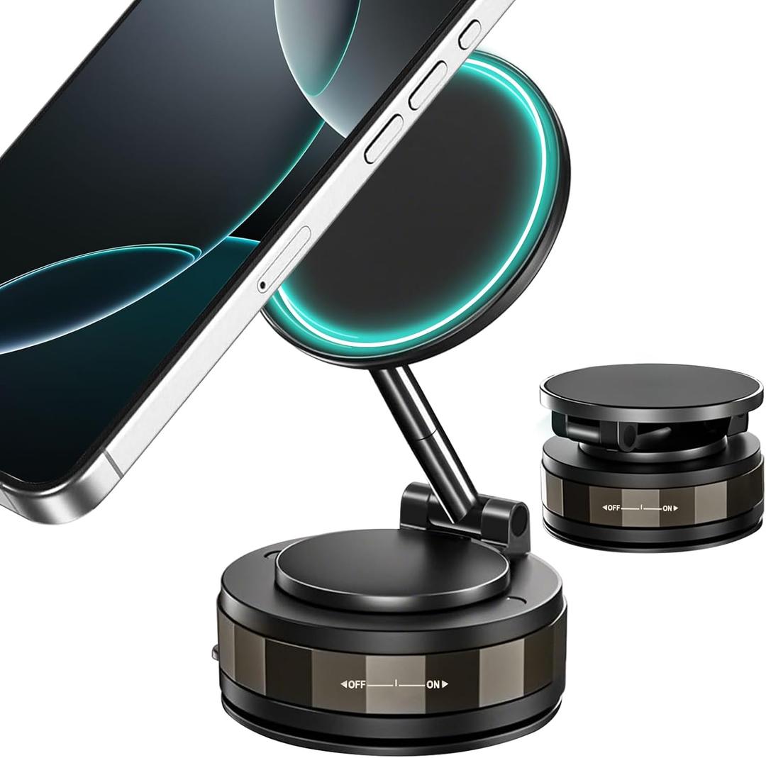 2 x 360 Adjustable Vacuum Magnetic Phone Holder for Your Car, Suction Cup Phone Mount with Strong Magnet, Foldable Car Phone Holder Compatible with MagSafe iPhone 17 Pro Max Air 16 15 Plus (Straight Arm)