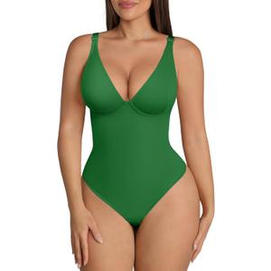FeelinGirl Shapewear Bodysuits for Women Tummy Control Body Suits Deep V Neck Thong Body Shaper (Large, Green)