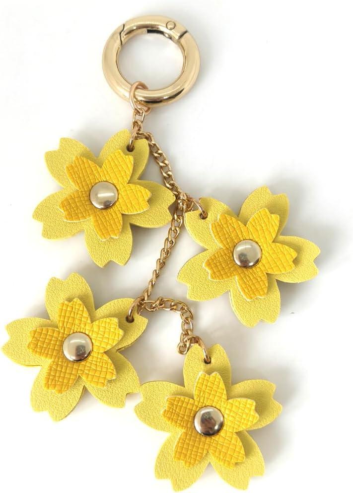 Leather Flower Decorative Keychain PU Leather Flower Keychains Boho Accessories for Women Purse Pendant Charms, Yellow