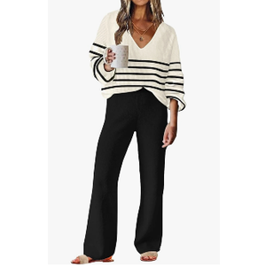 ETCYY NEW Womens 2 Piece Outfits Sweater Lounge Set Casual V Neck Knit Pajama Set Long Sleeve Top Wide Leg Pants Loungewear, S