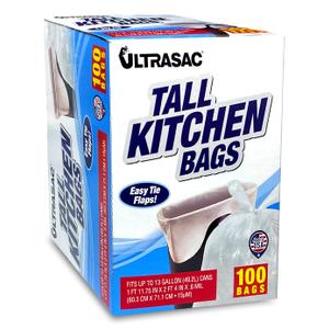 Ultrasac 13 Gallon 0.6 MIL White Tall Kitchen Garbage Bags with Flap Tie - 24" x 28" - Pack of 100 - for Home, Kitchen, Office, Commercial, & Industrial