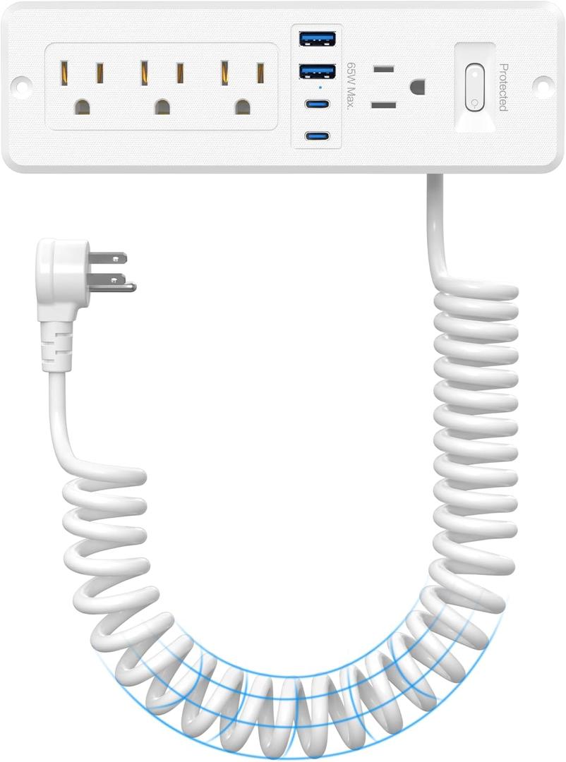 Furniture Drawer Outlet Kit, 65W USB C Recessed Power Strip with 4 Outlets & 4 USB Ports,Hidden Charging Station for Home Office 10 FT White Cord