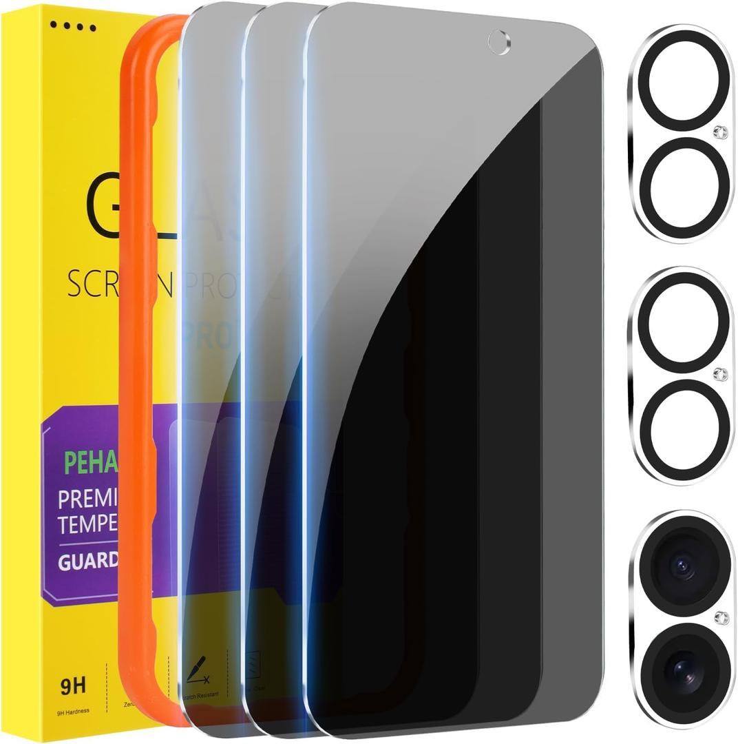 PEHAEL 3+3 Pack for iPhone 16 Plus Privacy Screen Protector with Camera Lens Protector Full Coverage Anti-Spy Tempered Glass Film 9H Hardness Easy Installation Bubble Free [6.7 inch]