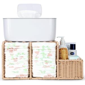 Diaper Caddy Organizer, Hand Rattan Nursery Storage Basket for Baby Essentials, Baby Changing Table Organizer Perfect Nursery Assistant (Solid Rattan, M)