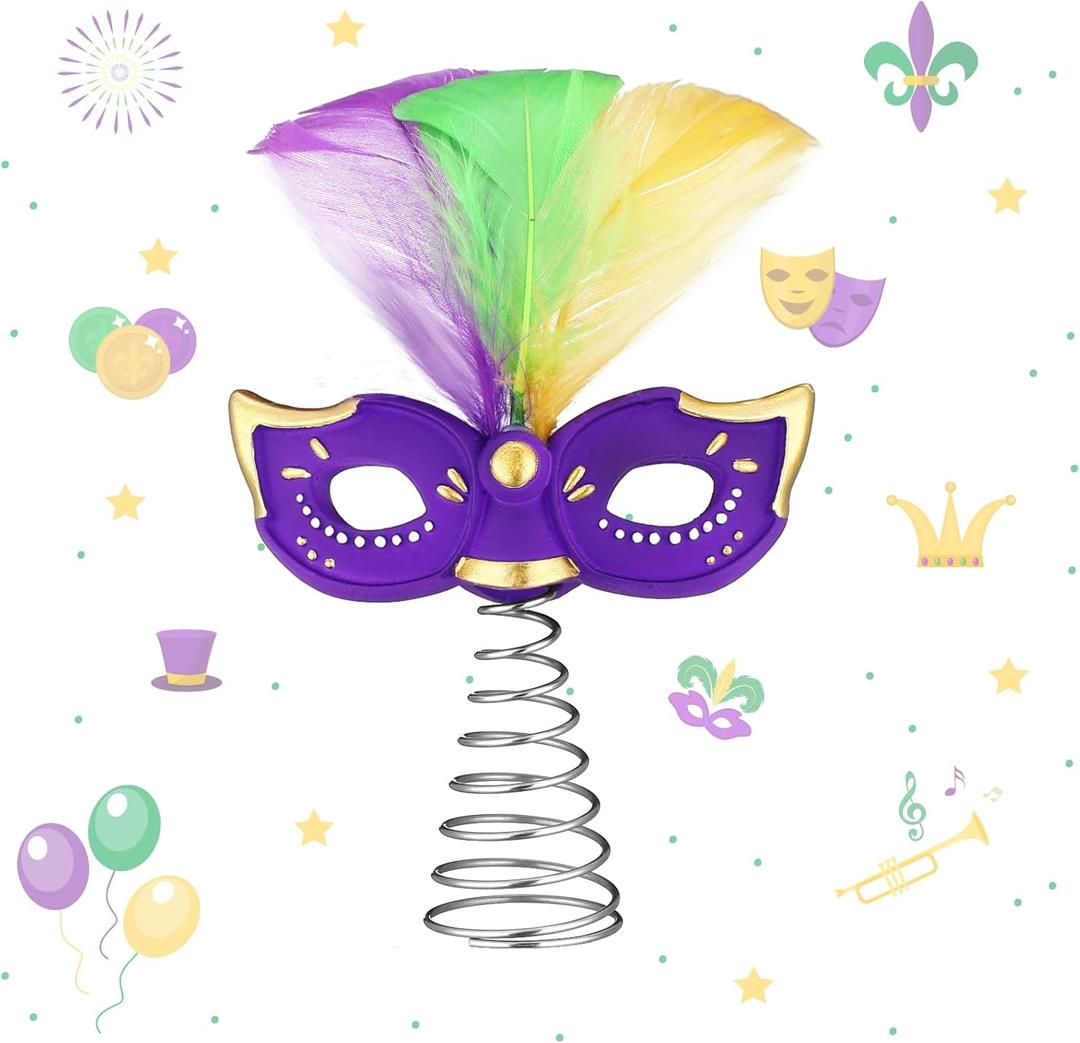 Queekay Mardi Gras Mask Miniature Tree Topper Masquerade Masks with Feather Decorations 4 Inches Mini Purple Green Gold Tree Ornaments for Christmas Carnival Party Decor