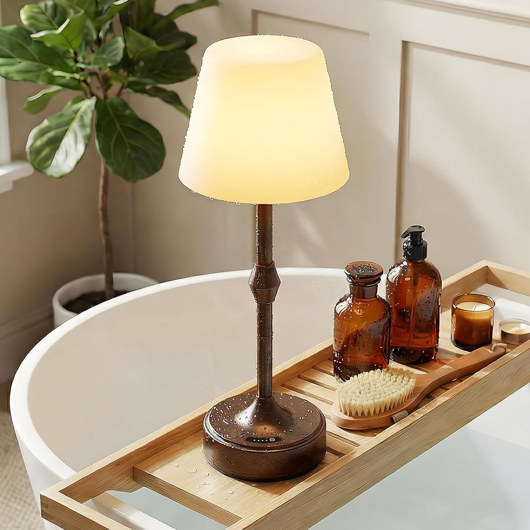 IP65 Waterproof Shower Lamp for Bathroom, Cordless Lamp Rechargeable Battery Operated, 3-Colors Dimmable Wireless Touch Lamp for Bathtub, Shower Light, Bath Light and Relaxing Routines (Small, Walnut)