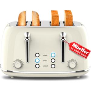 Mueller Retro Toaster 4 Slice with Extra Wide Slots Bagel, Defrost, and Cancel Function, 6 Browning Levels, Dual Independent Controls, Removable Crumb Tray and High Lift Levers, Beige (4 Slice, Beige)