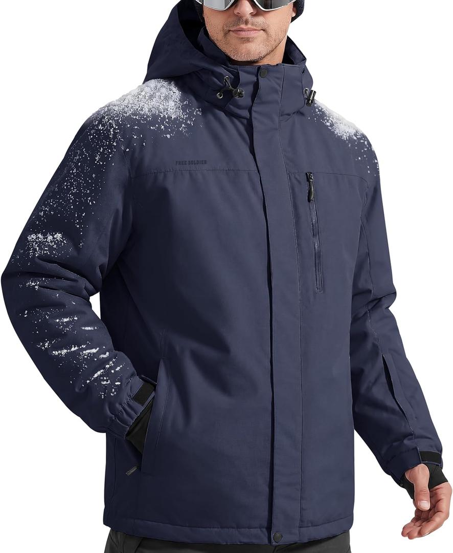 FREE SOLDIER Men's Waterproof Ski Snow Jacket Fleece Lined Warm Winter Rain Jacket with Hood Fully Taped Seams (Medium, Midnight Navy)