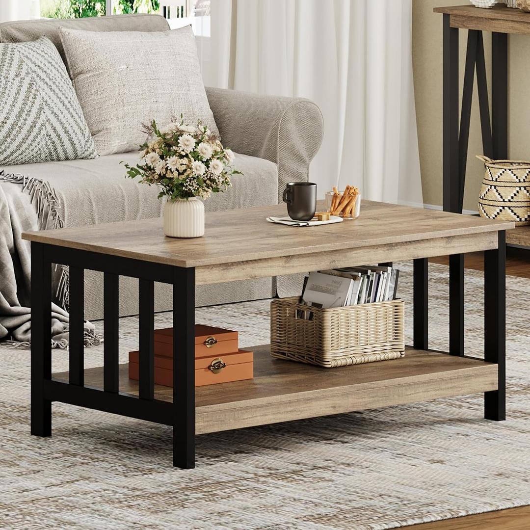 ChooChoo Farmhouse Coffee Table, Living Room Table with Shelf, 40 Rustic Oak & Black
