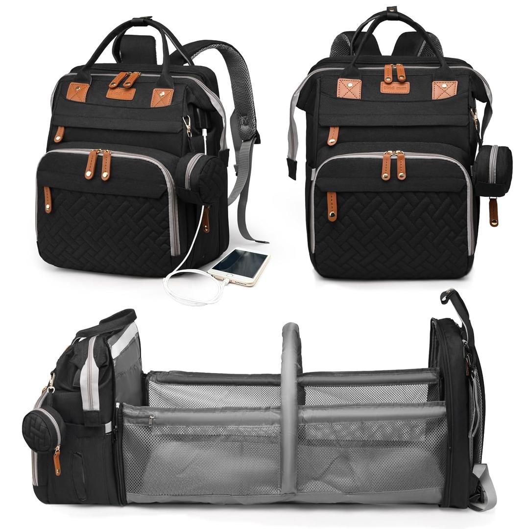 Astro alan Baby Diaper Bag with Changing Station, Waterproof Diaper Bag Backpack for Moms Dads with USB Charging Port, Baby Shower Gifts, Large Capacity diaper backpack, Black, 16.5'' x 8'' x 13'' inch