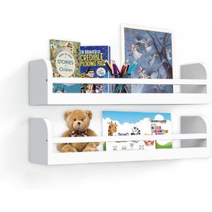 Floating Nursery Book Shelves, 16.5 inch Wall Book Shelves Kids Room, Set of 2 Baby Shelves for Nursery Decor, Ideal Wooden Nursery Shelves for Teens Kids Room, Bedroom Bathroom and Kitchen (White)