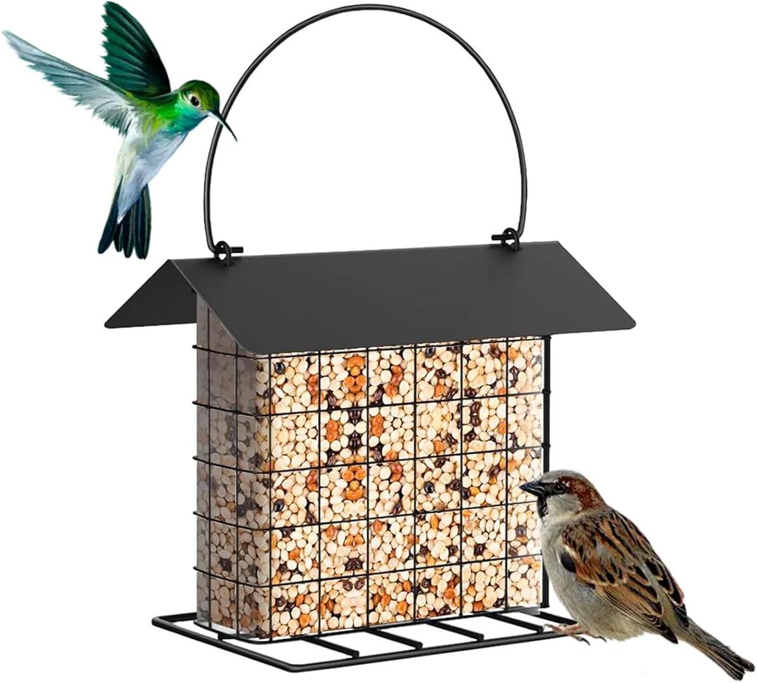 Suet Cake Bird Feeder Outdoor Hanging Metal Wire Wild Bird Feeder Fat Ball Food Feeder with Metal Roof and Platform Outside Cake Suet Feeder Rainproof (Black)