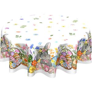 Sweetshow Easter Bunny Eggs Table Cloth Round Colorful Flower Leaves Tablecloth 60 Inch Decor Washable Stain and Wrinkle Spring Floral Round Table Cover for Dining Picnic