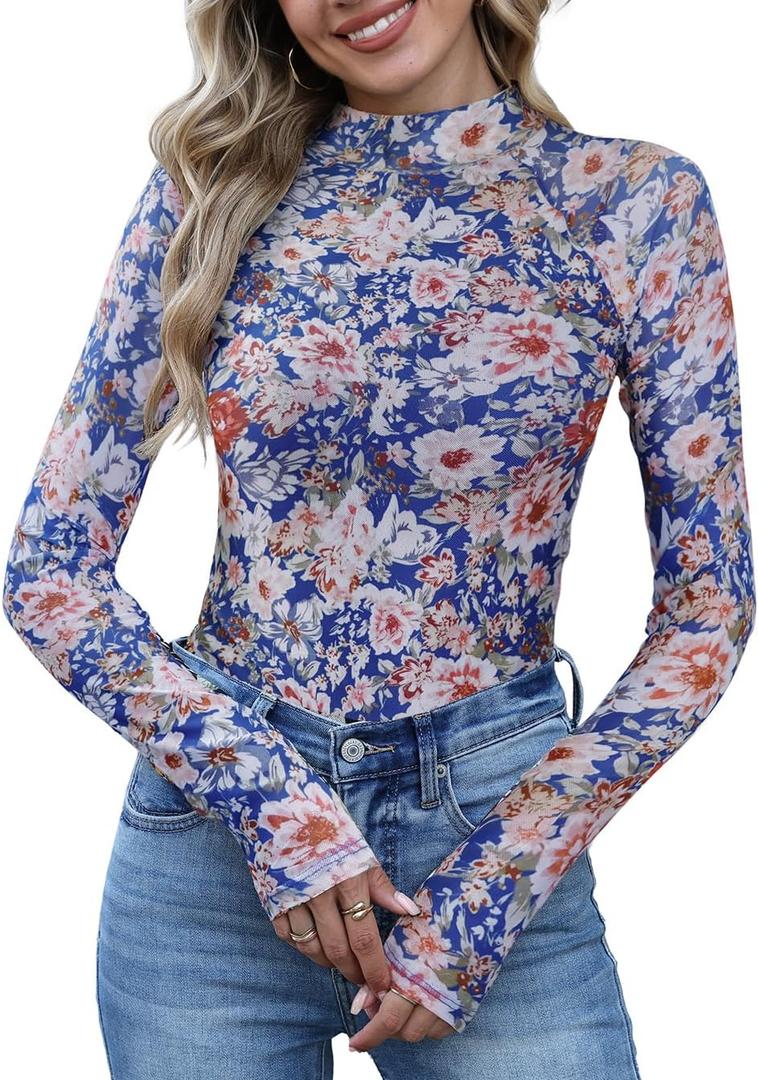 UNCOOYEE Women Floral Mesh Long Sleeve Going Out Thong Bodysuits Tops