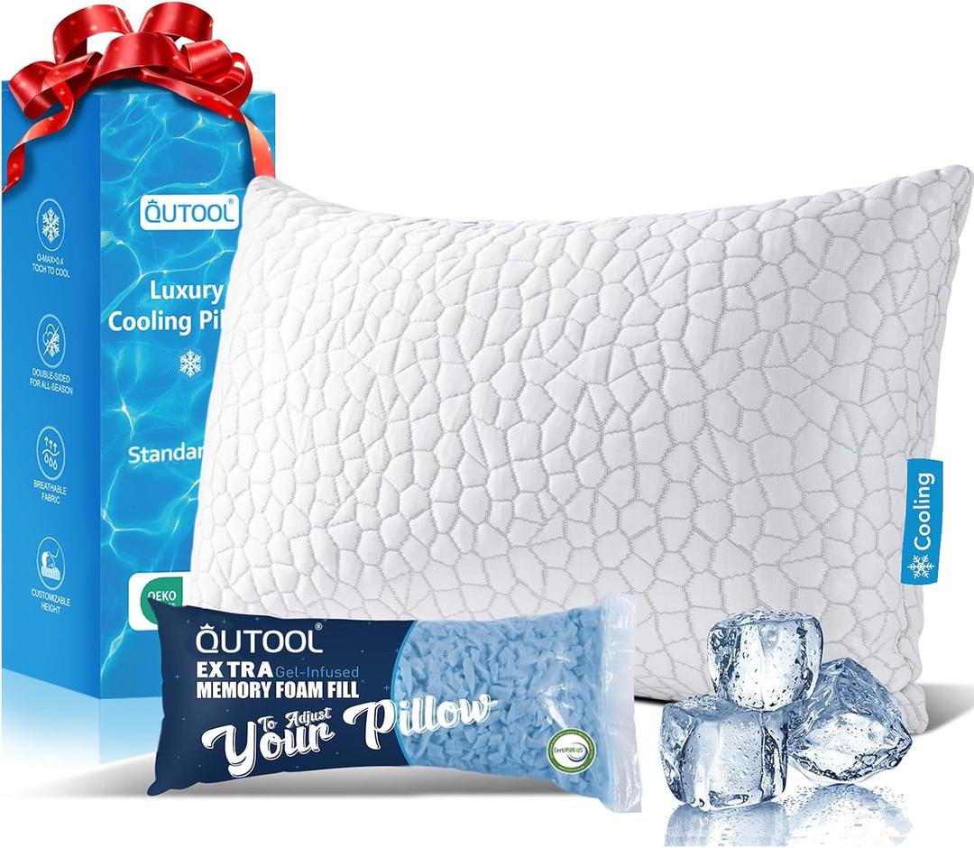 QUTOOL Cooling Pillow for Sleeping, CertiPUR-US Shredded Memory Foam Standard Pillow Set of 1, Cool Pillow for Hot Sleepers Adjustable Firm Pillow for Side,Back,Stomach Sleepers Soft Yet Support,White