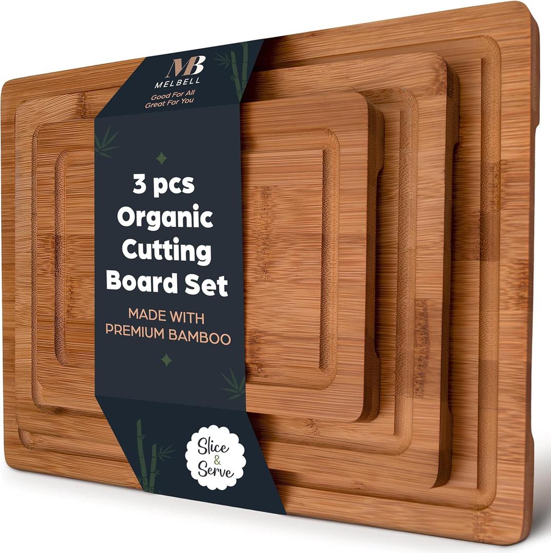 MelBell Bamboo Cutting Board Set Of 3 for Kitchen - Wooden Chopping Boards with Juice Groove - Wood Serving Board for Meat, Vegetables, Cheese