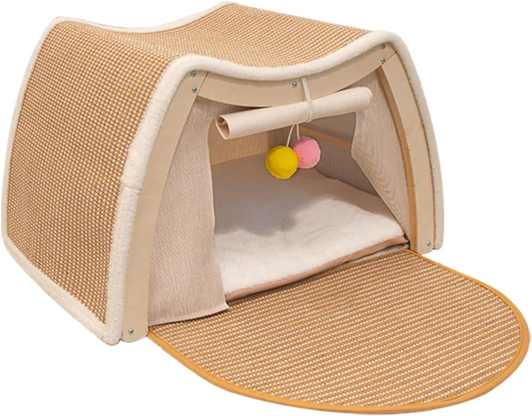 Kitten Play Tent, Indoor Cat House, Fun Rest and Scratch Station with Sisal Board for Clawing and Activity, Lightweight Canvas Tent with Comfortable Cushion, for Home Living Room Bedroom Or Pet Room