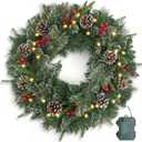 Christmas Wreath Snowy Pre-lit 24 inch with 50 Light & Pine Cone, Artificial Christmas Wreaths for Front Door with Lights, Wreath for Christmas Decoration Door Windows Wall Green