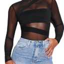 Milumia Women's Mesh Sheer Bodysuit Tops Crew Neck Long Sleeve Going Out Rave Leotards, Medium