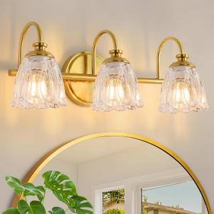 Bathroom Light Fixtures (3-Light), Vintage Brushed Gold Vanity Lights for Bathroom with Clear Tulip Crystal Glass Shade, Vanity Wall Light Over Mirror for Bedroom Living Room Hallway
