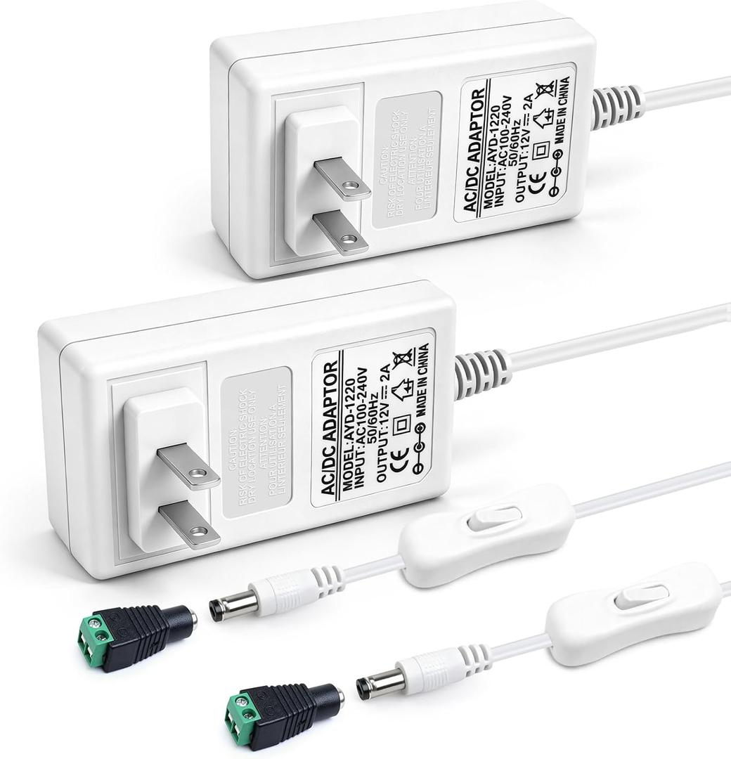 2 Pack 12V 2A Power Supply, 24W 12 Volt DC Power Adapter with On/Off Switch, 110V AC to 12V Wall Plug Transformer for LED Strip Lights with 5.5/2.1mm DC Female Connector