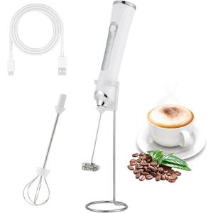 Handheld Electric Milk Frother with 2 Heads, Coffee Whisk Foam Mixer with USB Rechargeable 3 Speeds, Foam Maker Blender for Latte, Cappuccino, Hot Chocolate, Egg (White With StandW)
