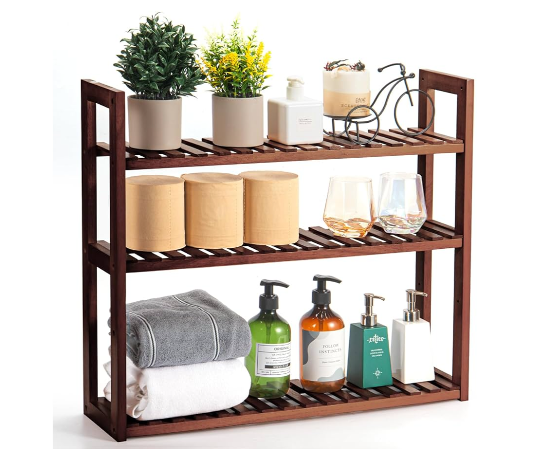 Wood Bathroom Shelf, 3-Tier Adjustable Shoes Rack&Plants Rack, Wall-Mounted or Stand for Living Room (Walnut)