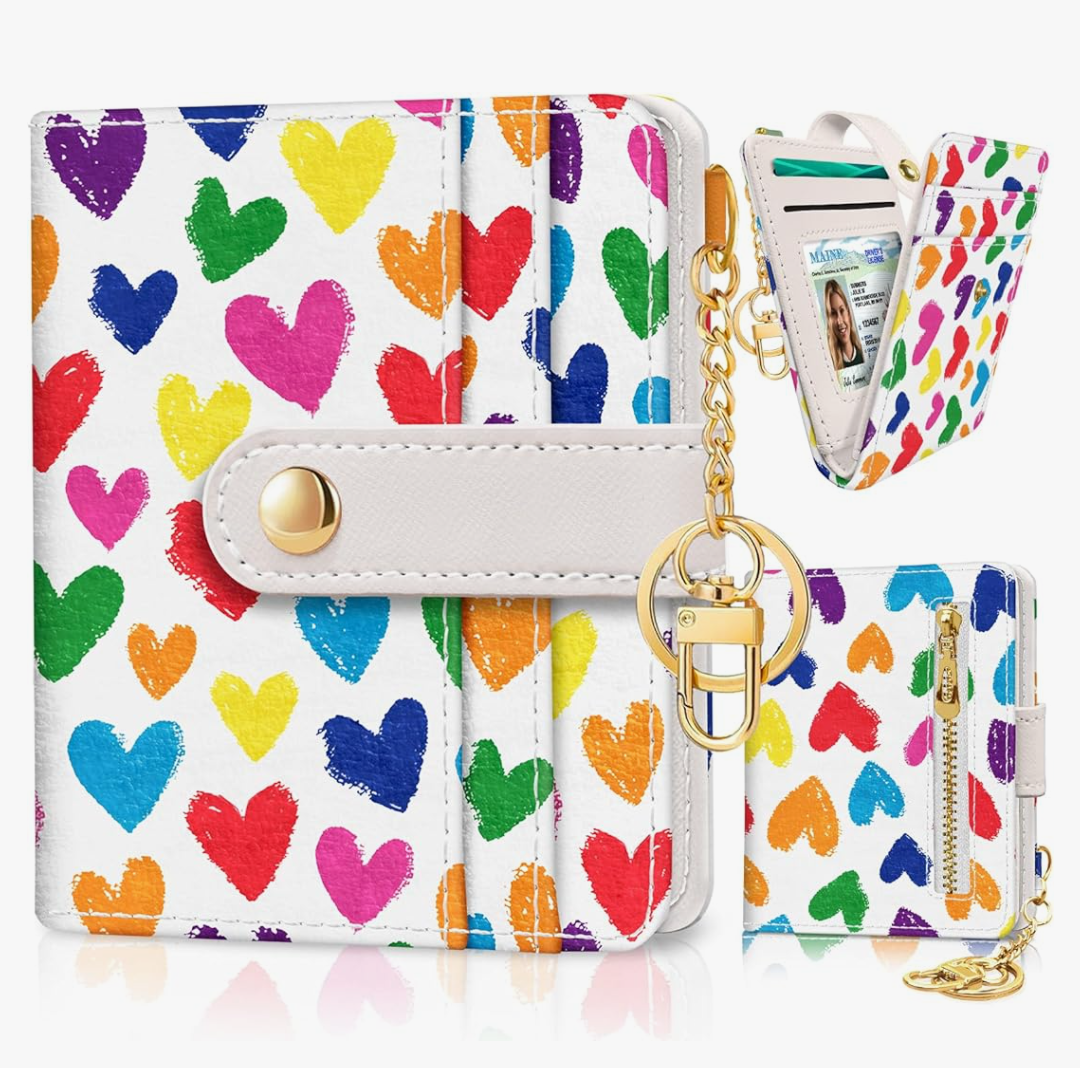Raining Hearts Rfid Ladies Wallet, Small Slim Thin Compact Credit Card Women Wallet, PU Leather Bifold Cash Zipper Coin Pocket ID Window for Female