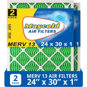 Maycold 24x30x1 MERV 13 Furnace Air Filter (2-Pack), High-Performance HVAC AC Filters for Home Use, Actual Size: 23.7" x 29.7" x 0.75", Individually Wrapped in Plastic